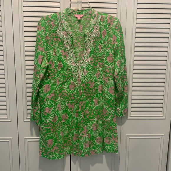 Lilly Pulitzer Tops - Lilly Pulitzer Sarasota Tunic top- Cabana Pink Beaded Pleated V Neck - Size
L